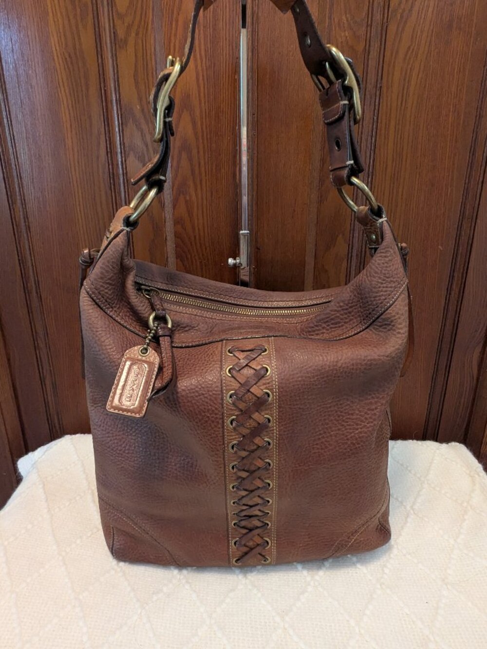 Vintage COACH Chelsea Lace Handbag BoHo X-Large Brown Pebbled Leather